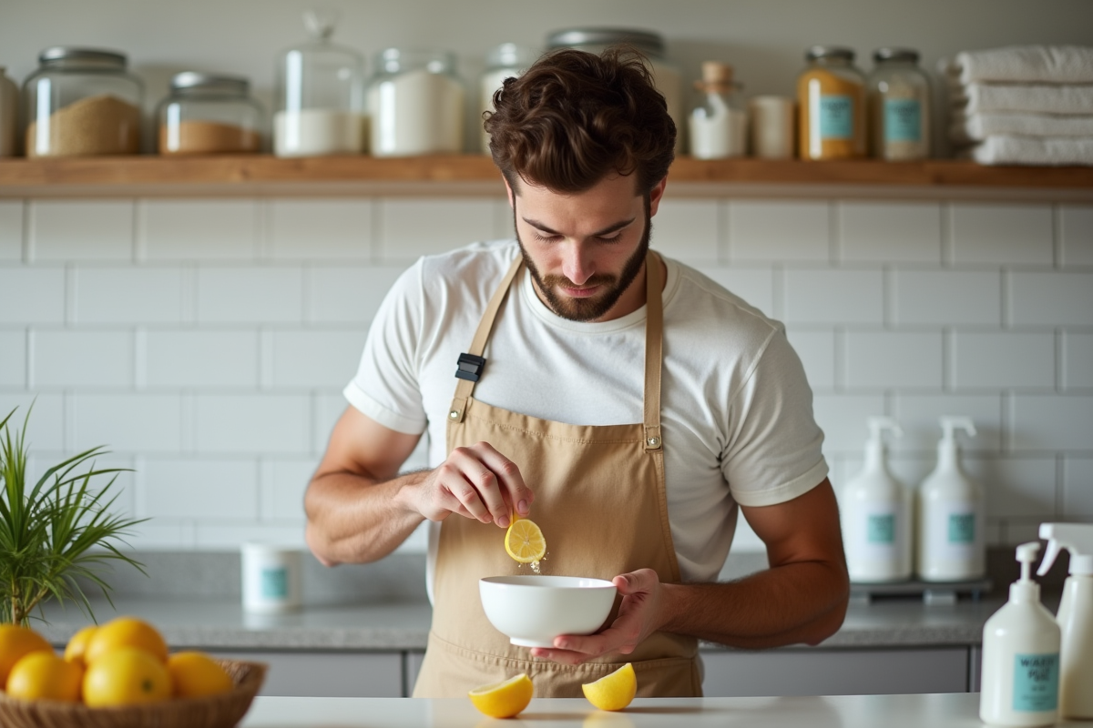 Jeune homme zestant un citron pour nettoyage naturel