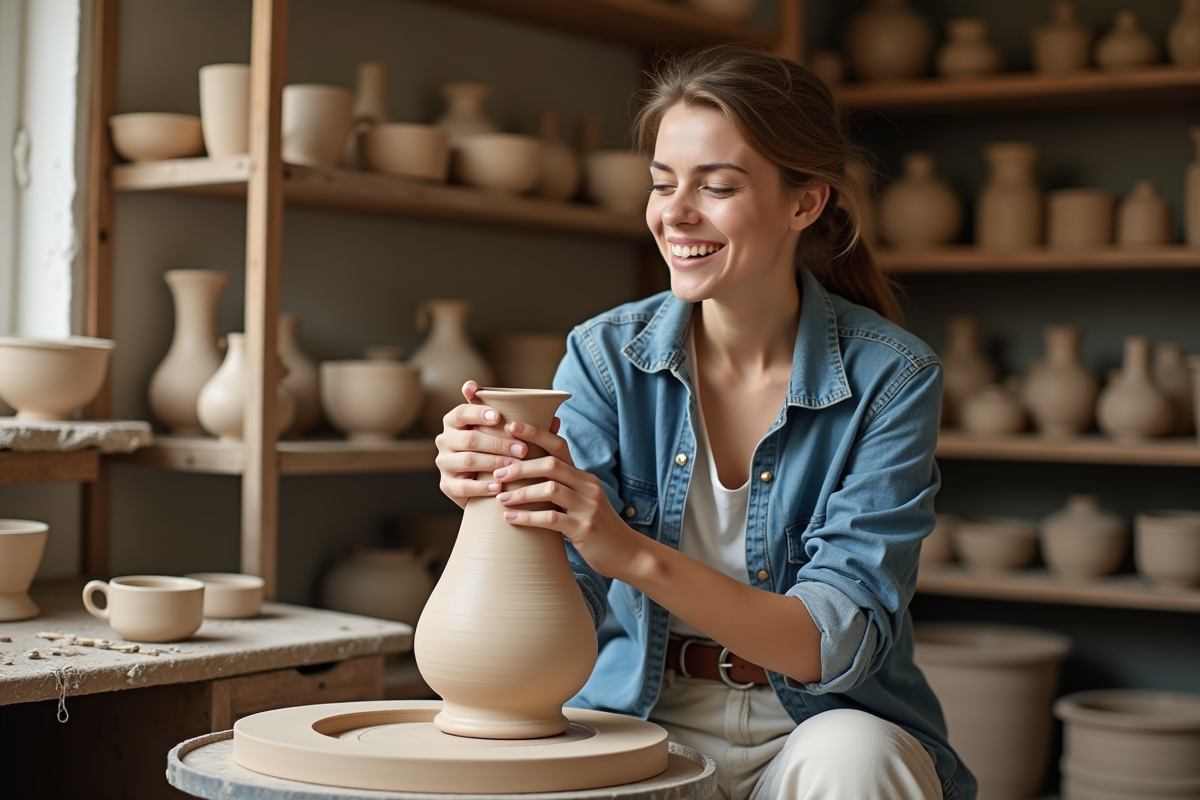 Jeune artisane examinant un vase en céramique dans son studio