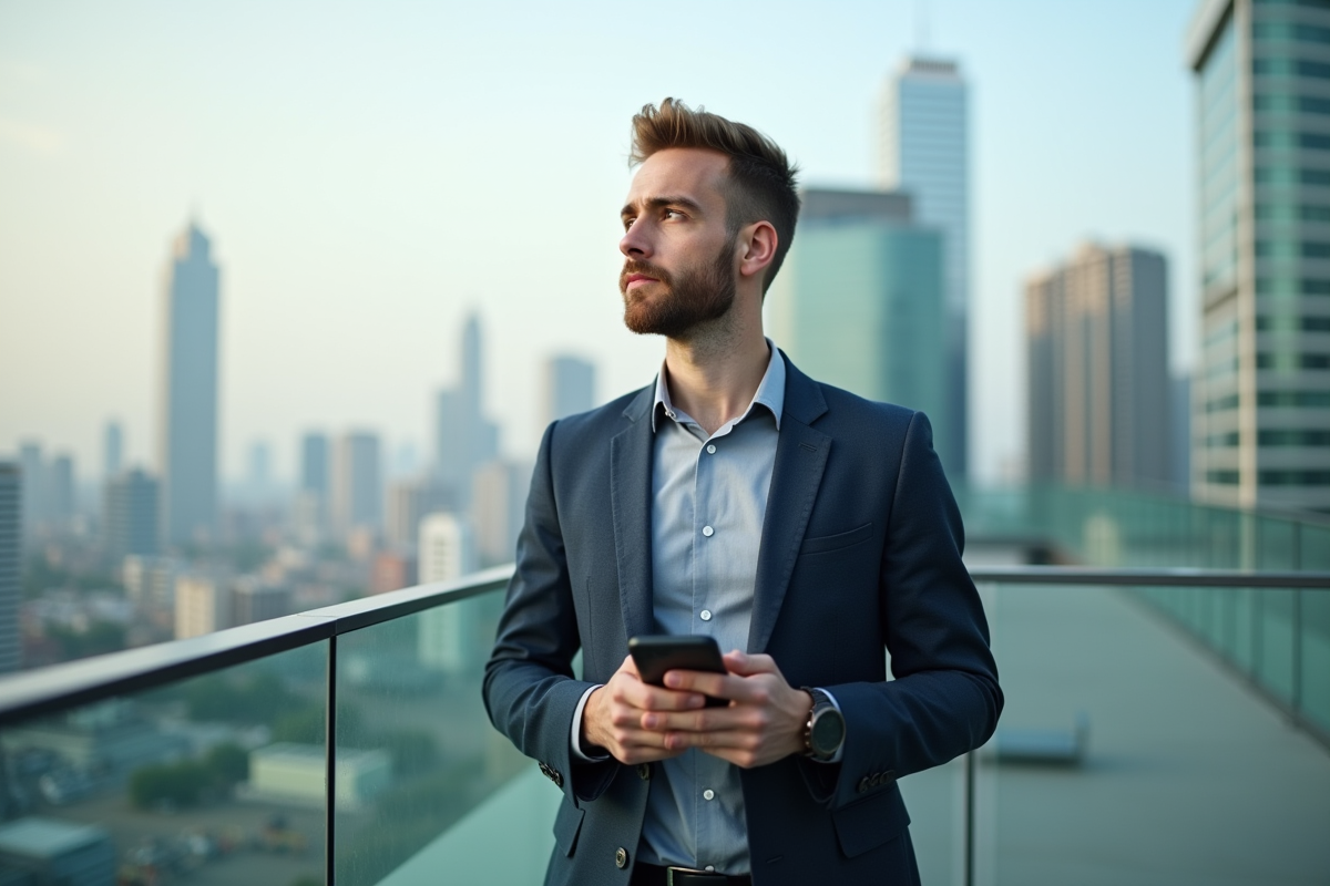 Jeune entrepreneur fintech regarde la ville depuis un rooftop