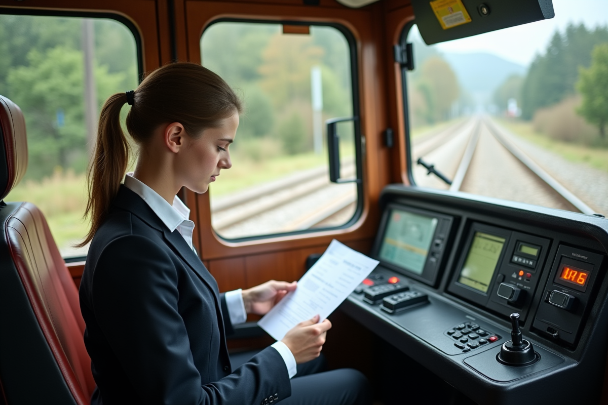Jeune femme en cabine de train remplissant un permis
