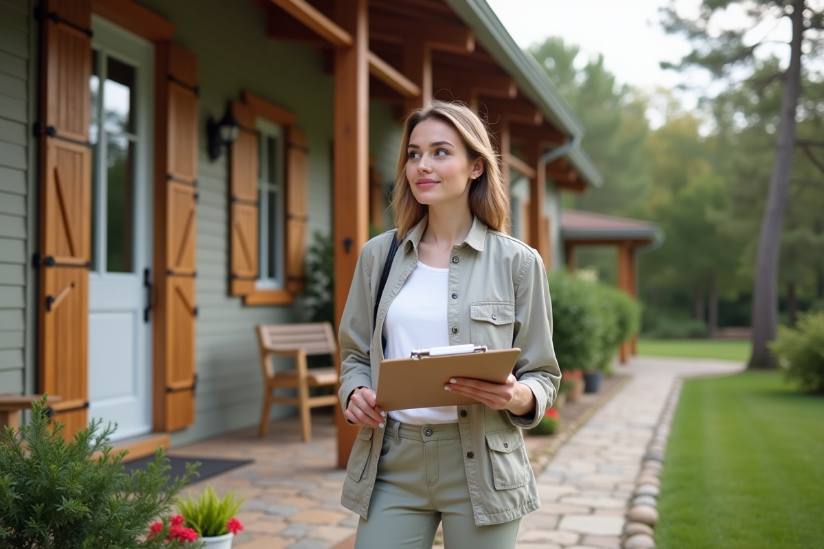 Jeune femme devant une maison de vacances en extérieur