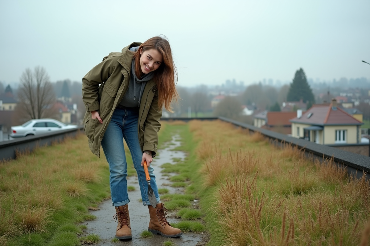 Jeune femme en jeans et bottes entretenant un toit vert