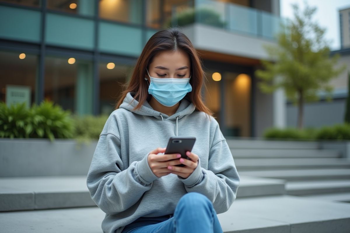 Jeune femme avec masque utilisant son smartphone devant une bibliothèque