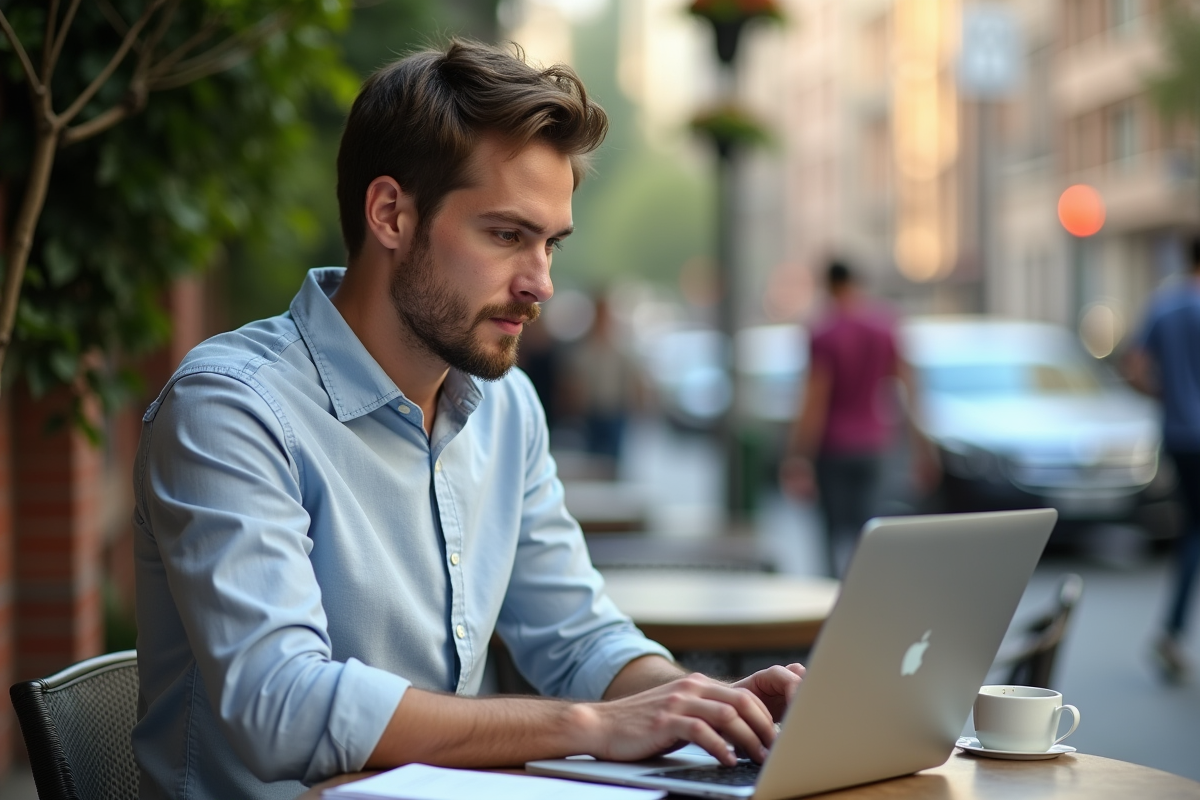 Jeune homme travaillant sur un ordinateur en extérieur