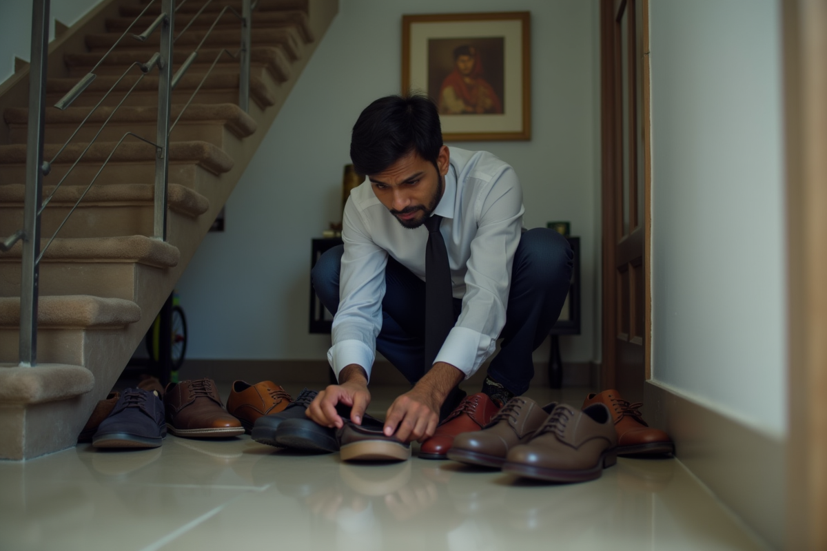 Jeune homme indien réarrangeant des chaussures sous un escalier