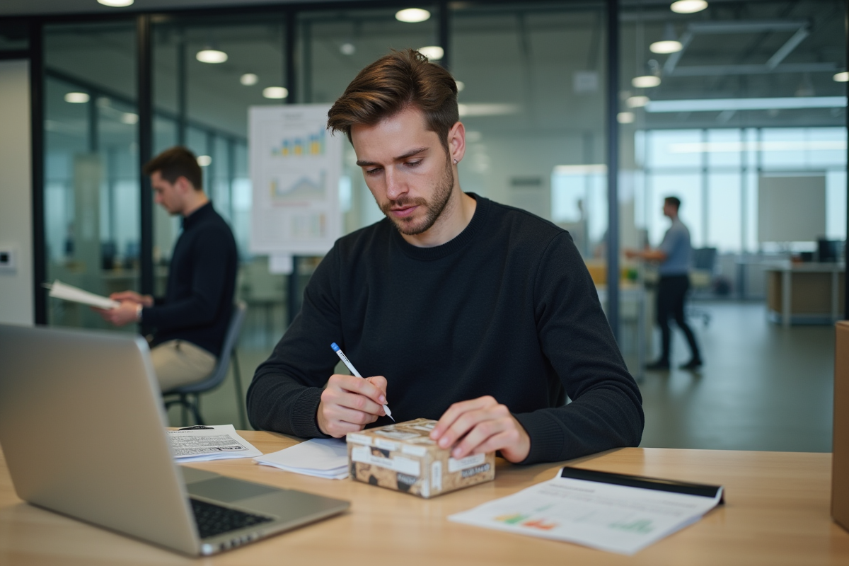 Jeune homme vérifiant des produits emballés au bureau