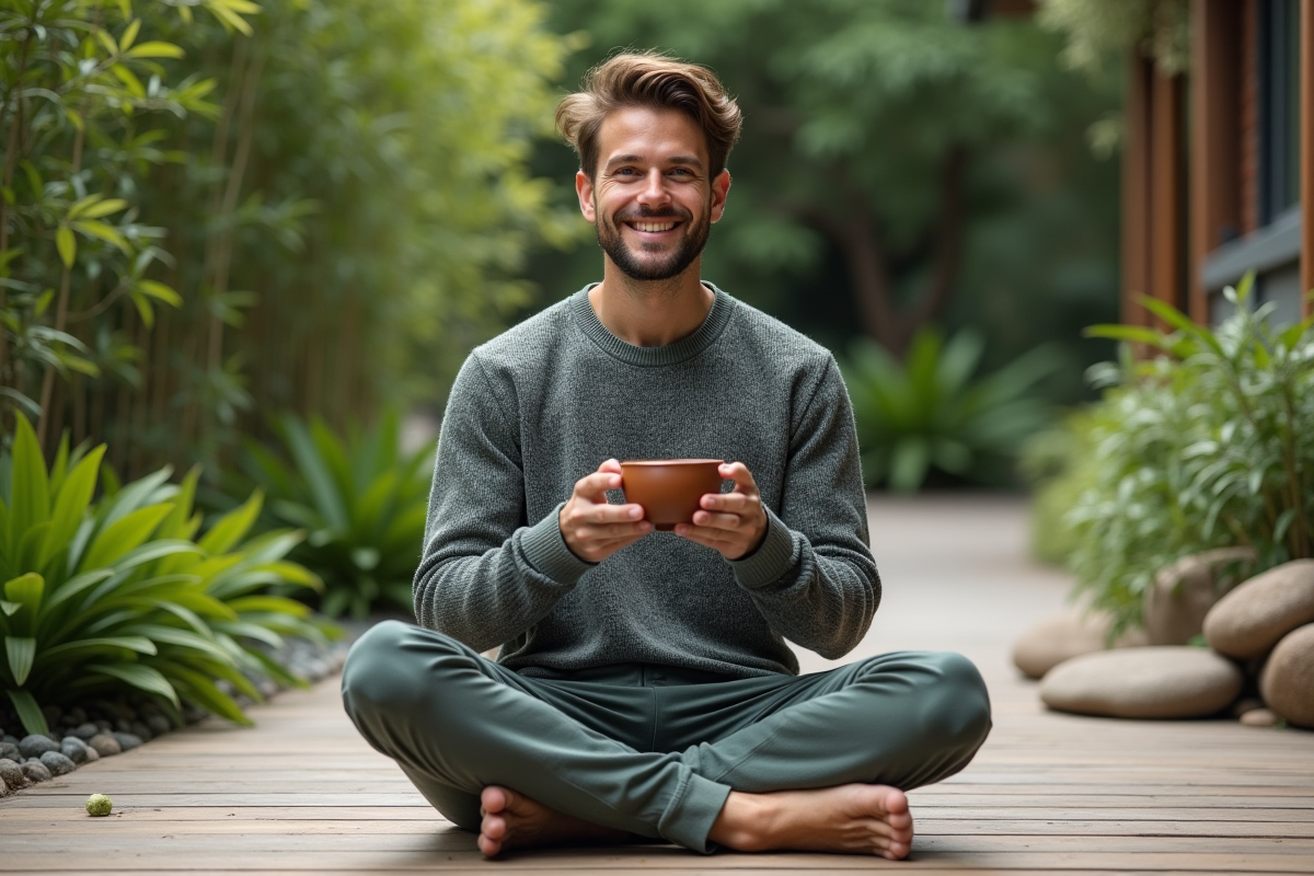 Jeune homme dans le jardin avec tisane aux plantes