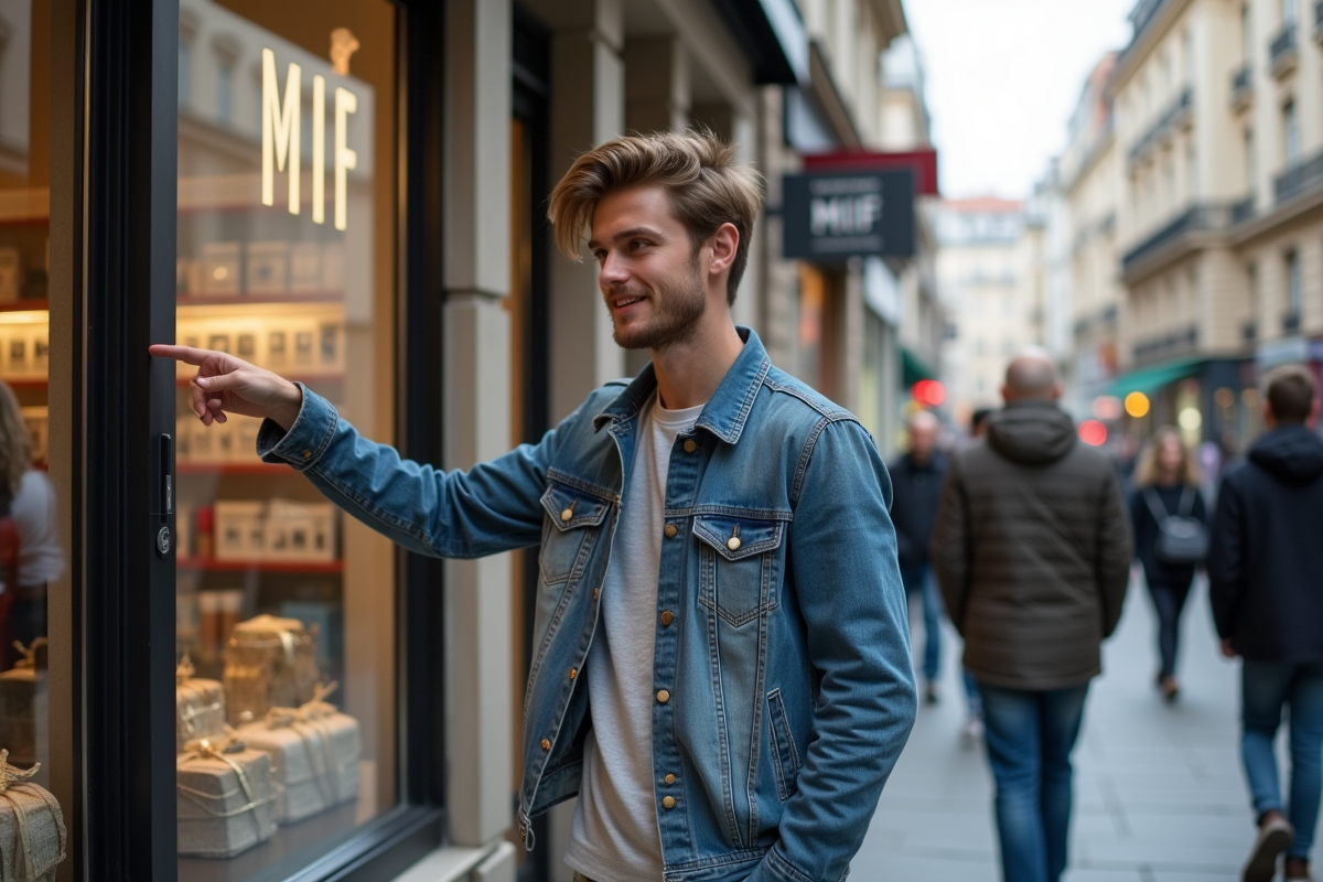 Jeune homme pointant un produit MIF en vitrine de magasin