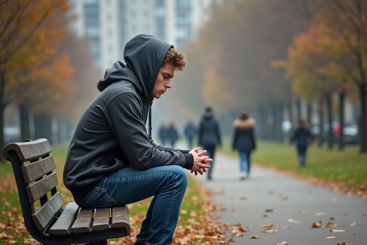 Jeune homme pensif assis sur un banc dans un parc en automne