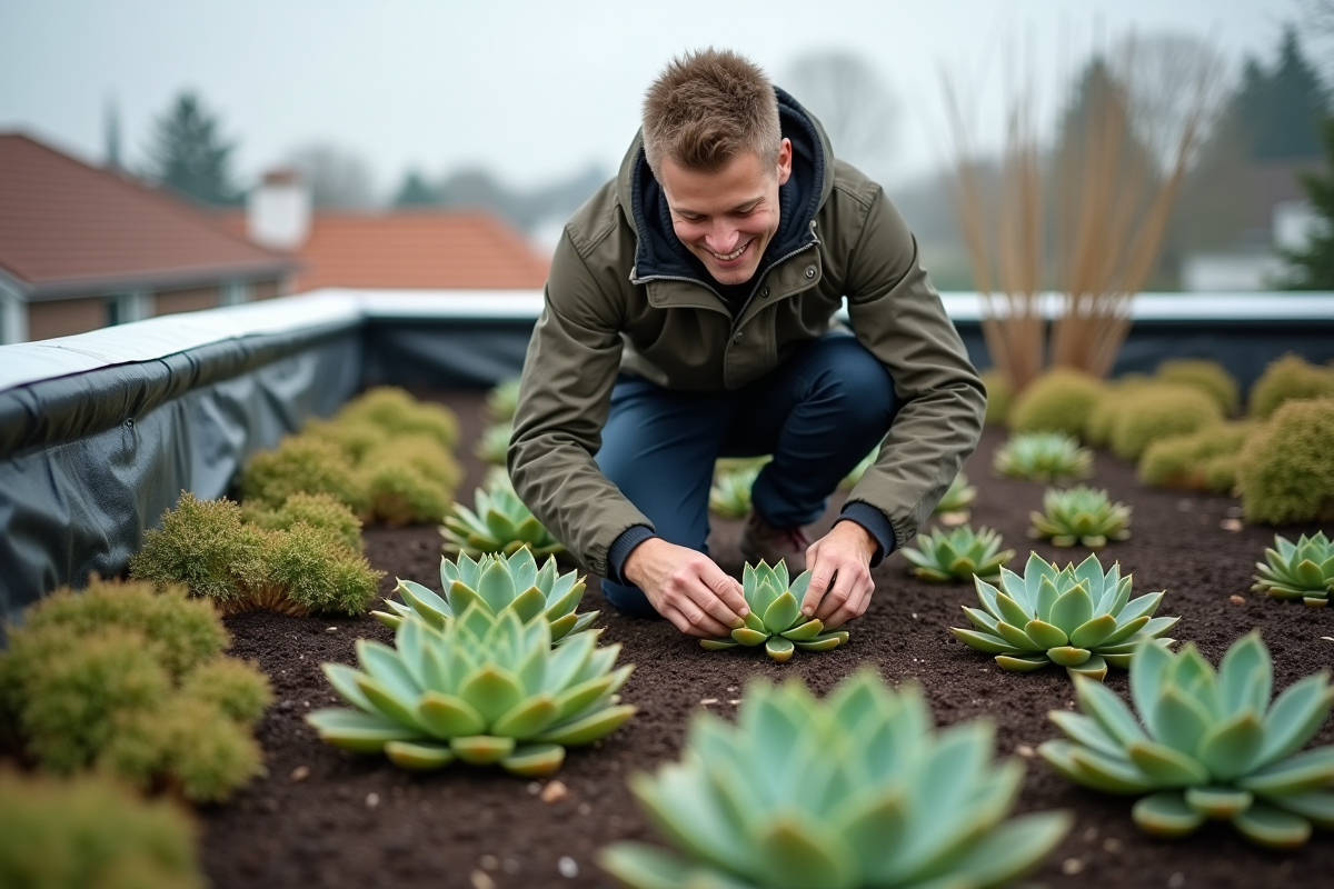 Jeune homme plantant des succulentes sur un toit résidentiel