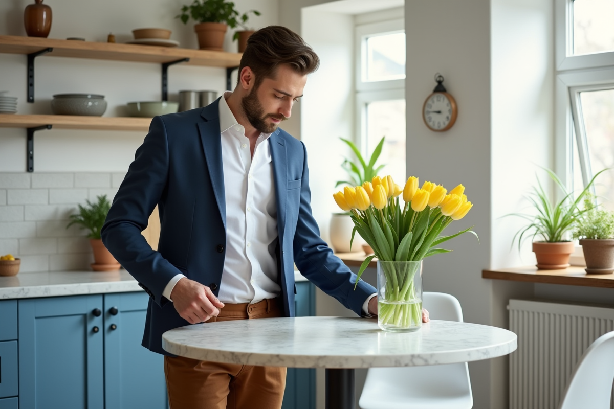 Jeune homme arrangeant des tulipes dans une cuisine lumineuse scandinave