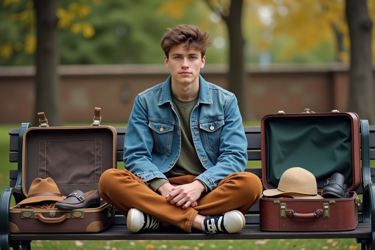 Jeune homme assis sur un banc avec valises vintage et accessoires
