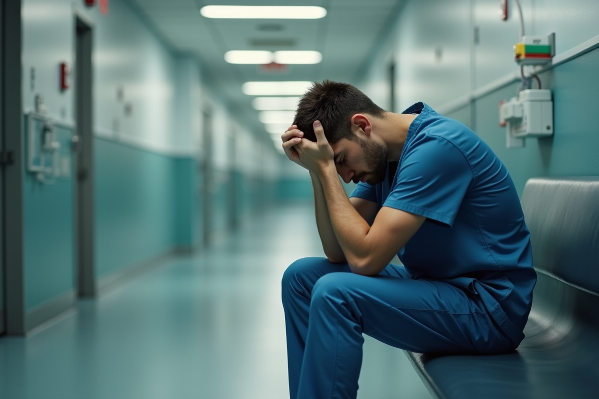 Jeune professionnel de santé assis dans un couloir d hôpital