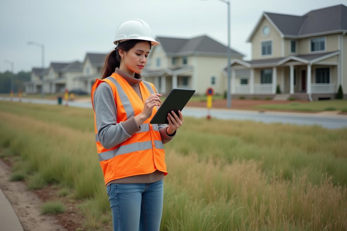 Jeune femme surveuse dans un lotissement en extérieur