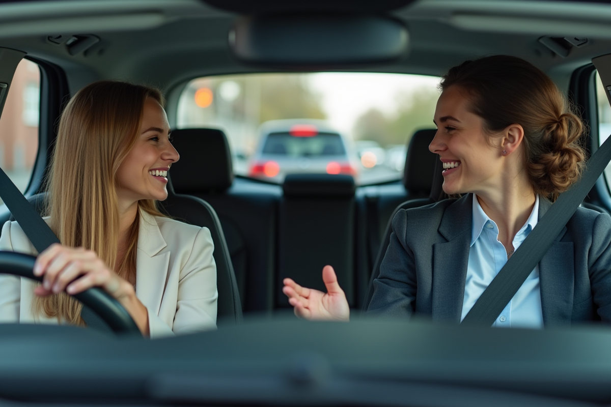 Trois personnes en voiture en discussion à l