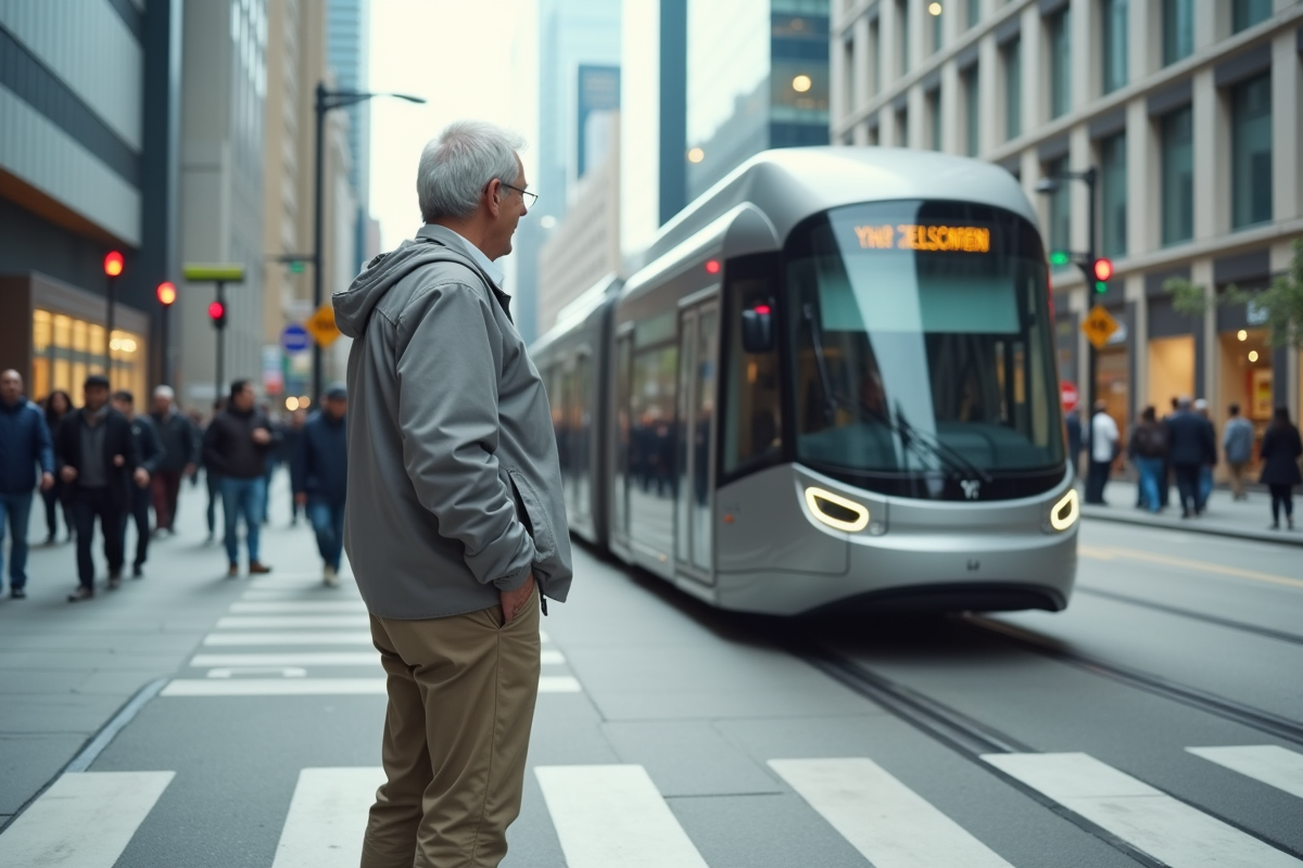 Homme age observant un bus electrique autonome en ville