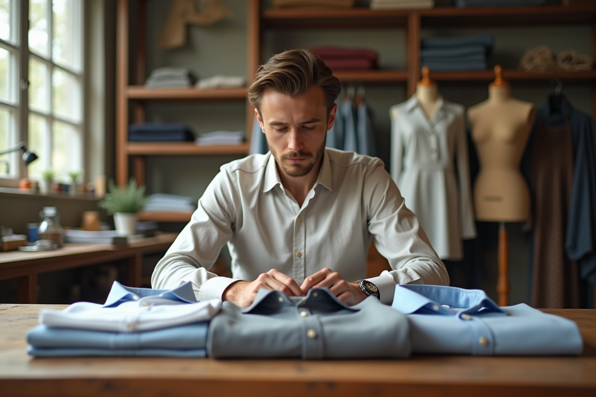 Un tailleur examine des chemises dans son atelier lumineux